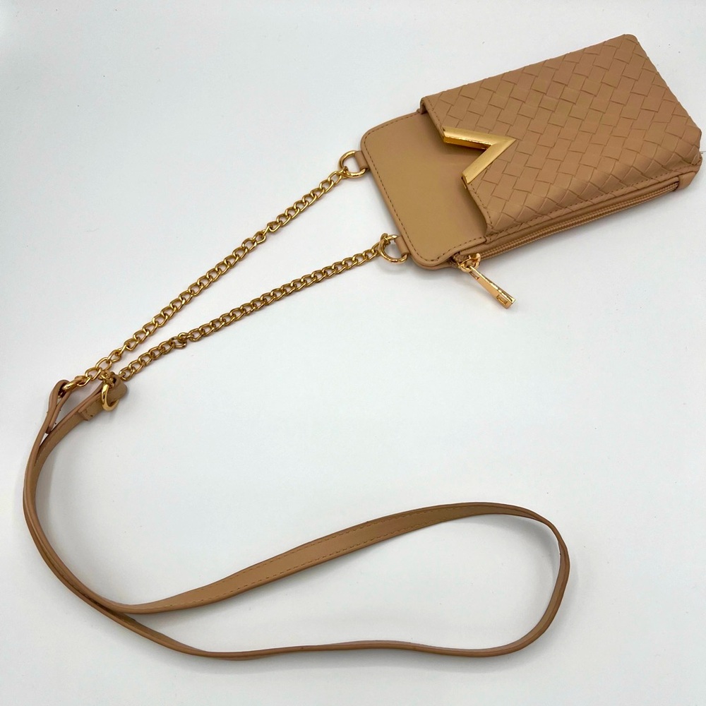 Tan Slim Vertical Phone Wallet Crossbody Purse Gold Hardware
